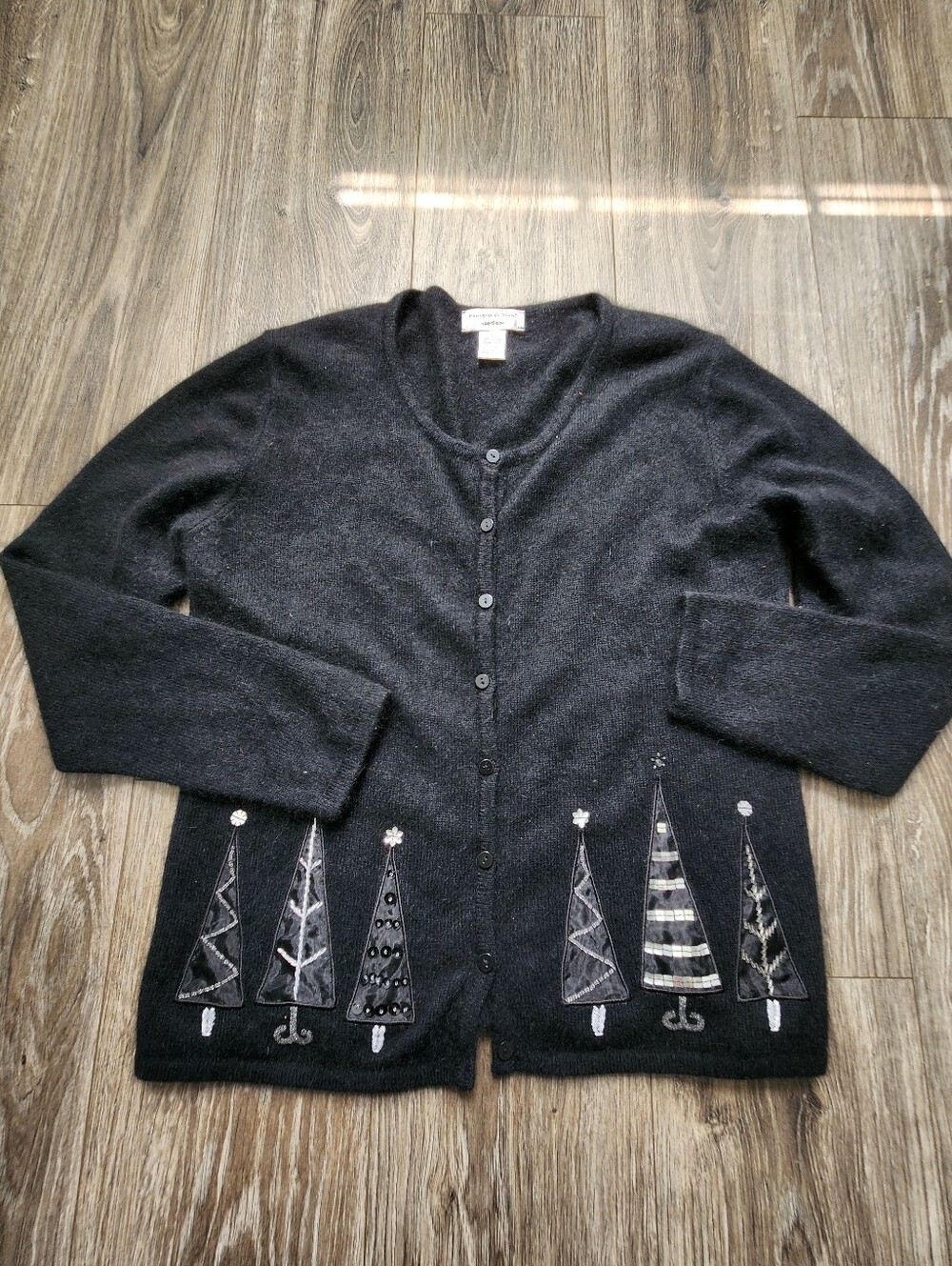 Preston & York Black Angora Rabbit Wool Christmas Trees Beaded Cardigan Large